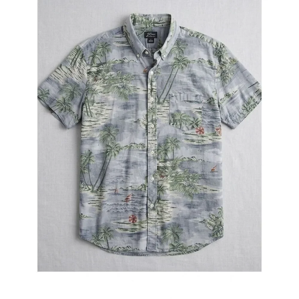 J. Crew Men’s Gray Hawaiian Tropical Beachy Short Sleeve Shirt Size Extra Large